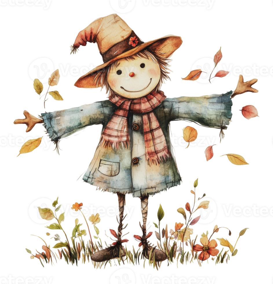 Happy scarecrow in autumn leaves png