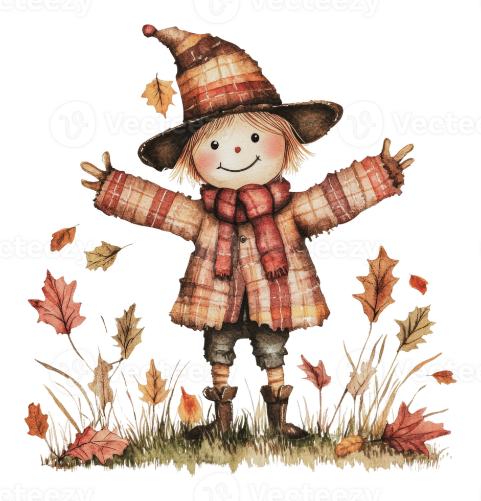Cute scarecrow character enjoying autumn leaves png