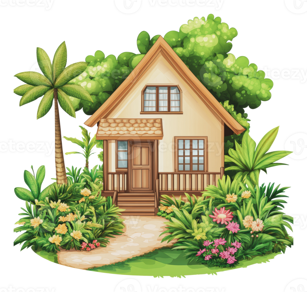 Charming cottage in lush greenery png