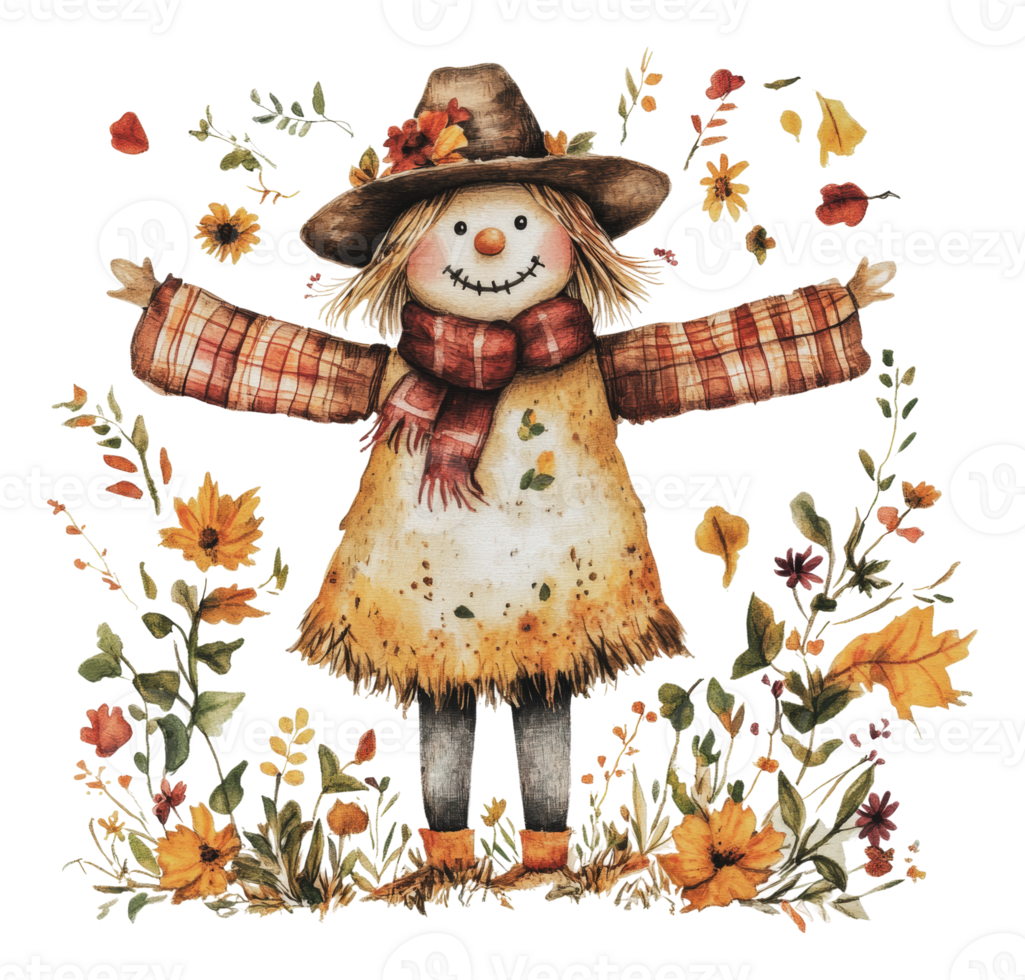 Happy scarecrow among autumn blooms png