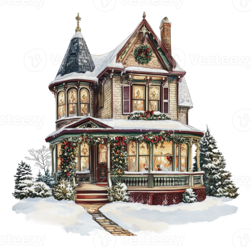 A festive Victorian house adorned for winter cheer png