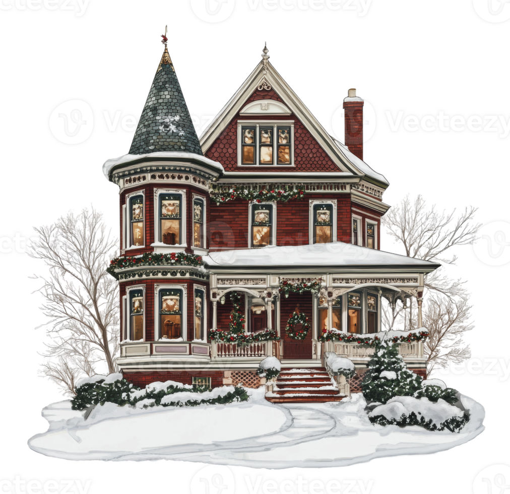 Victorian house adorned for winter snow png