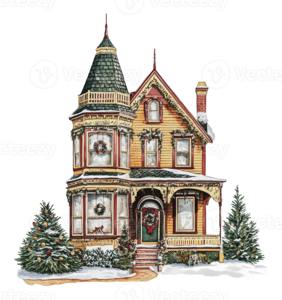 Victorian house decorated for Christmas in winter png
