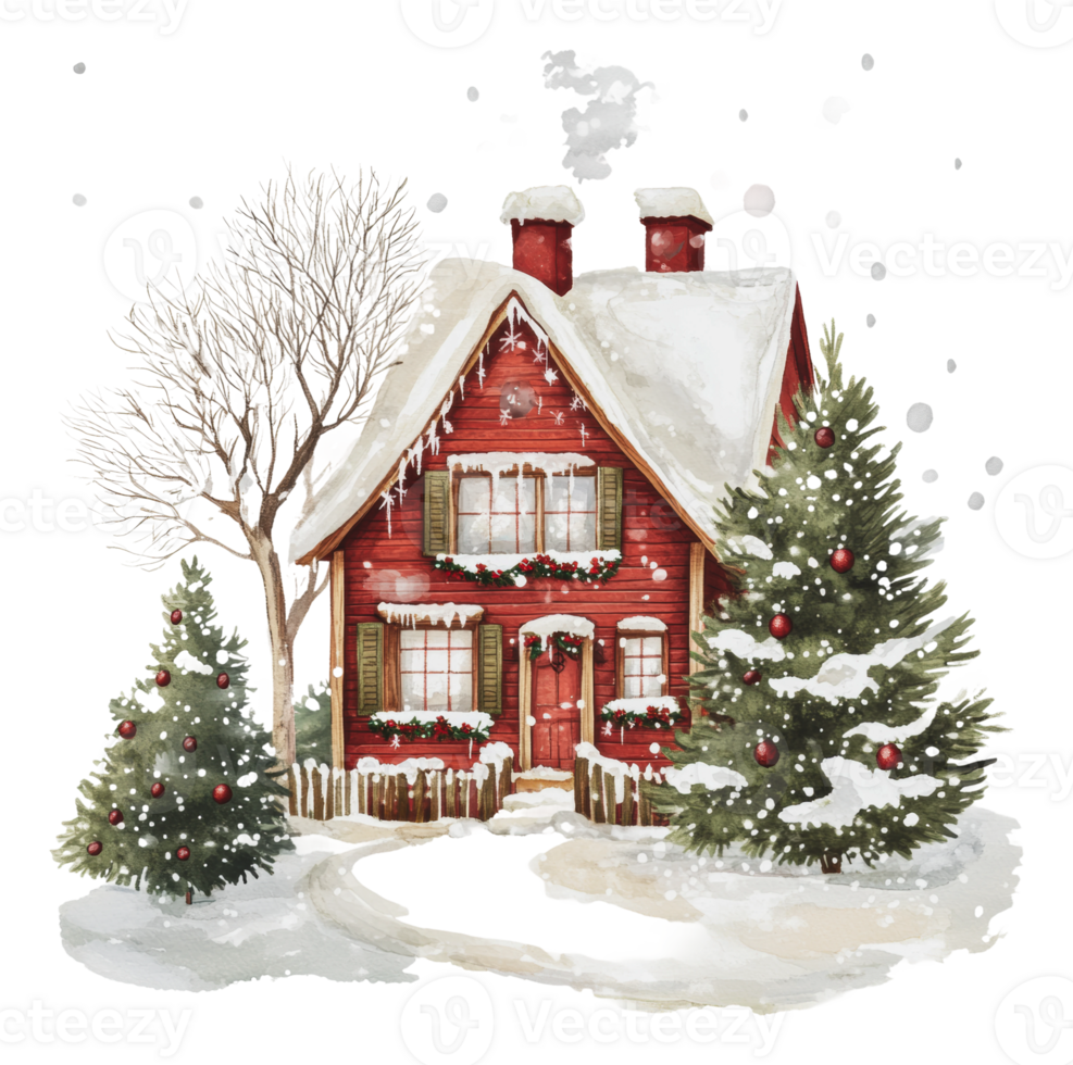 Charming red house in winter with snow and trees png