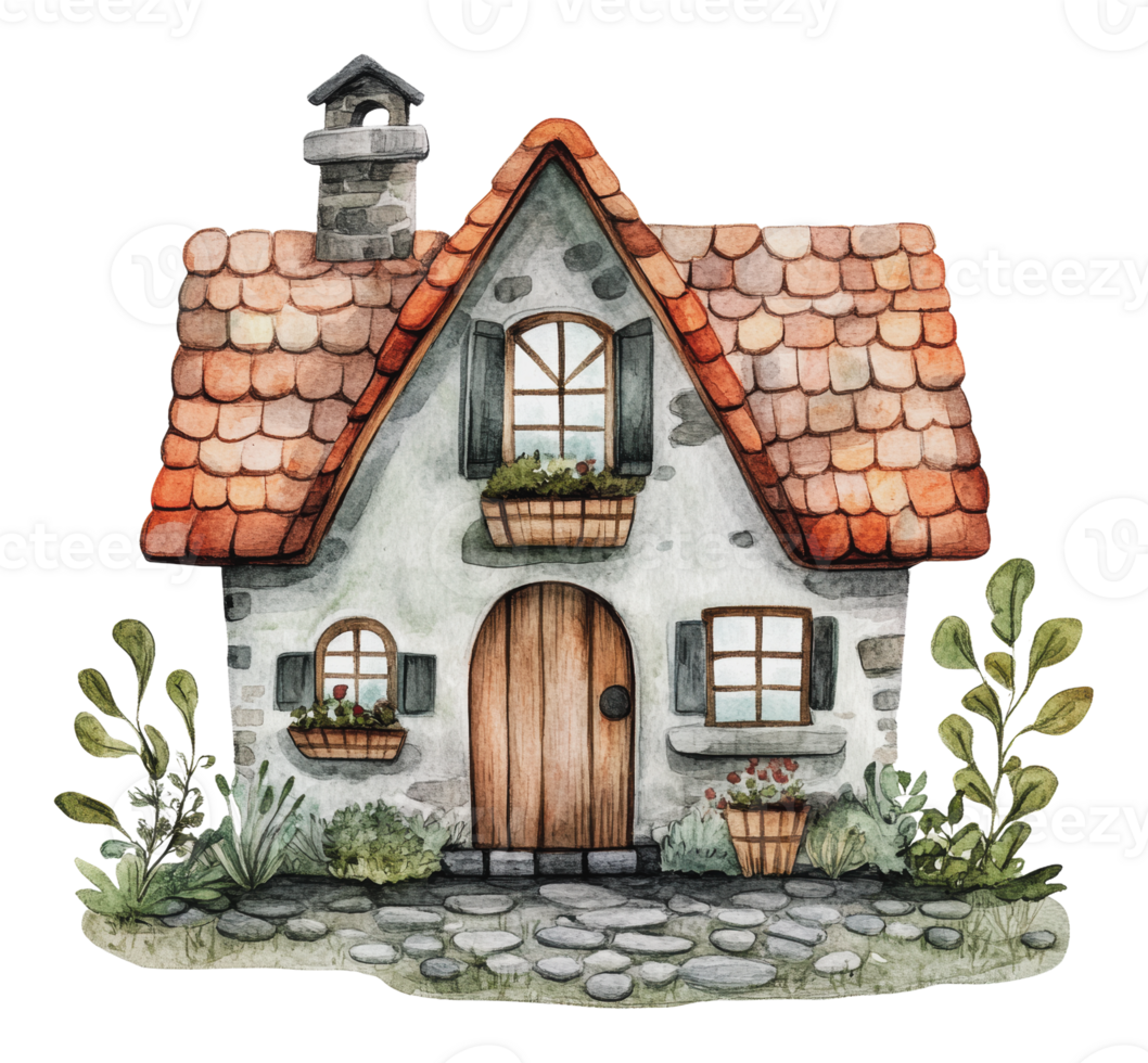 Charming cottage with greenery and flower boxes png