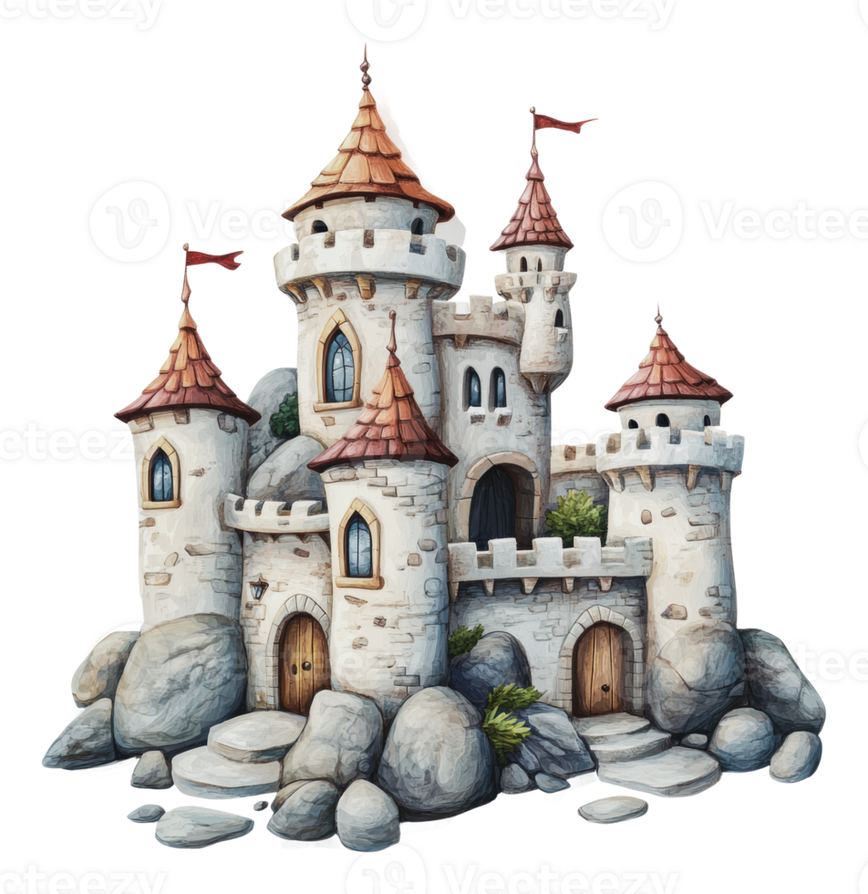 Enchanted medieval castle surrounded by rocks png