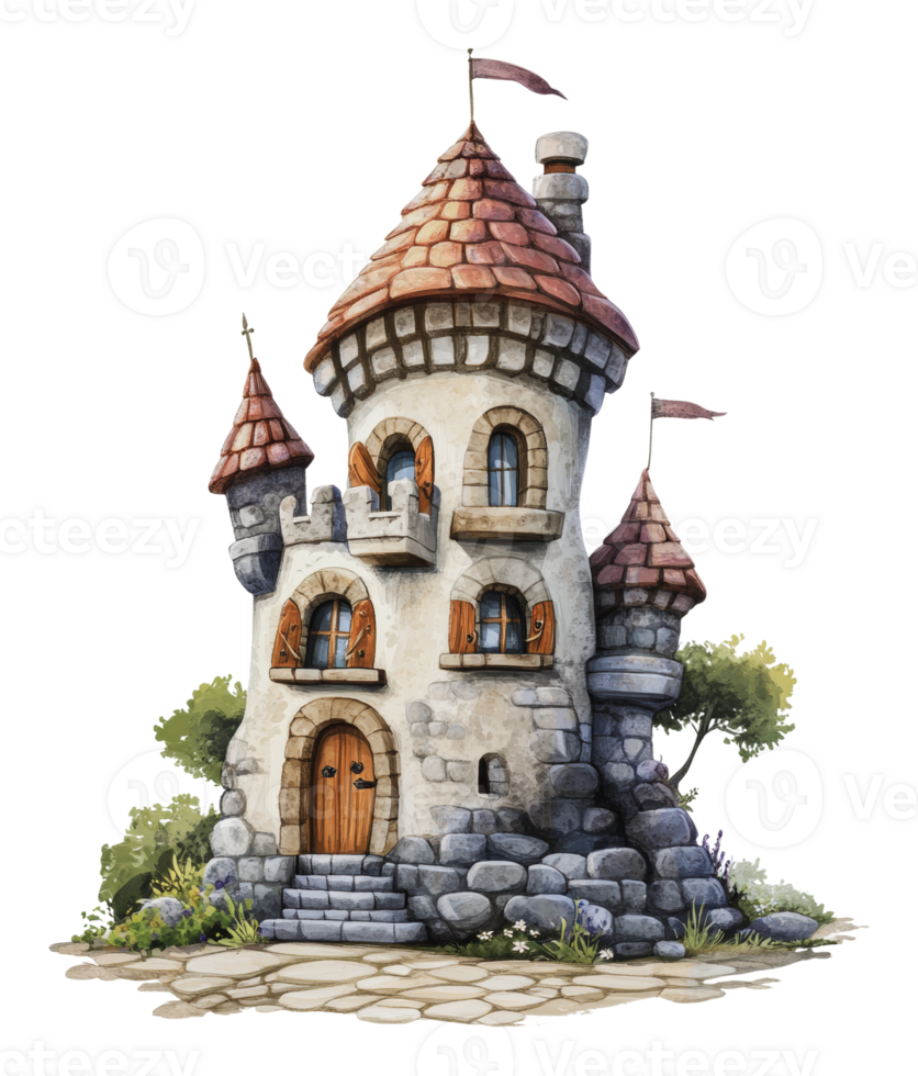 A whimsical stone castle with a tower and flags png