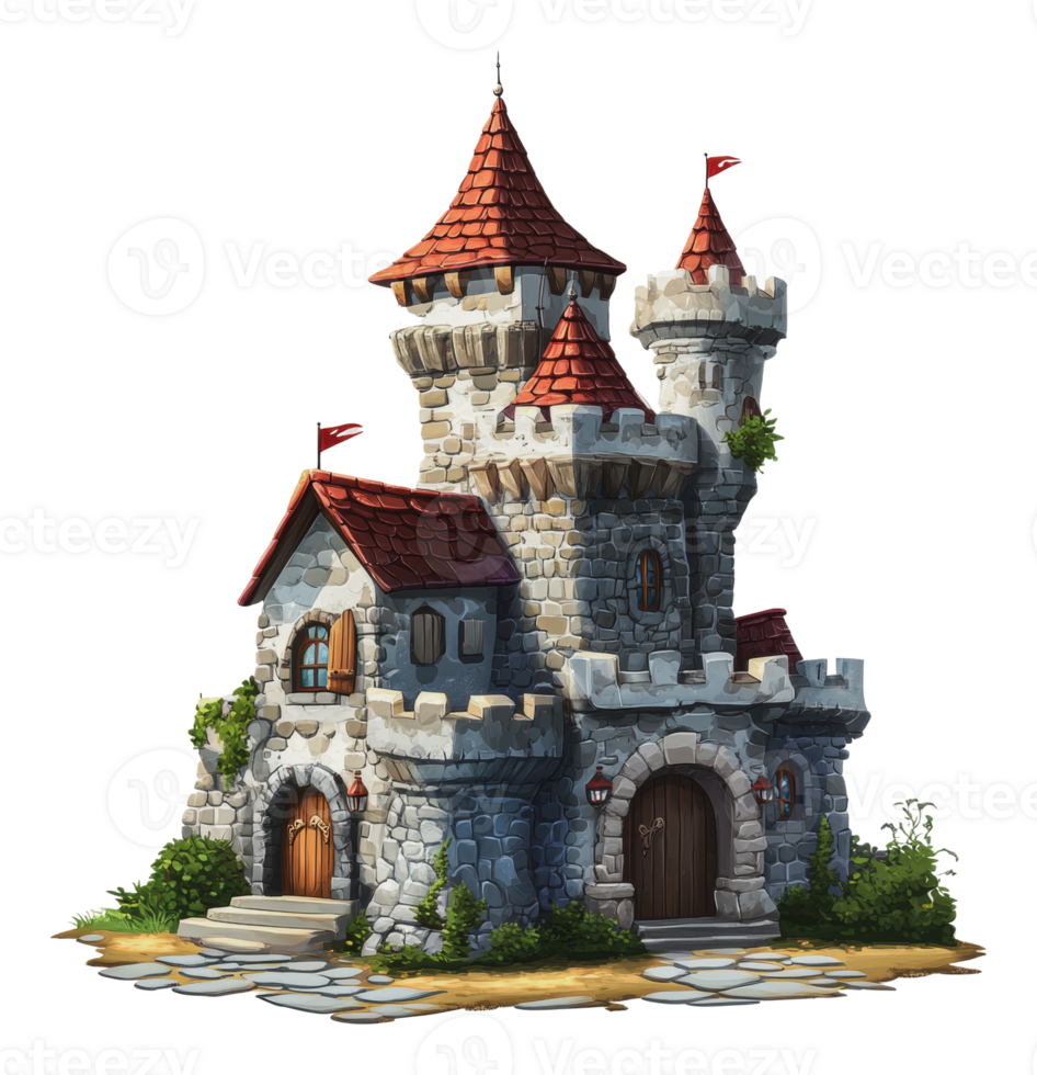 A whimsical stone castle with towers and flags png