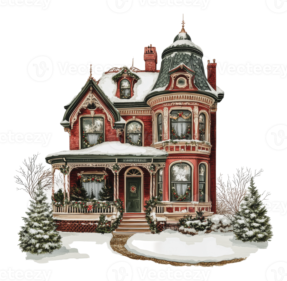Victorian house festively decorated for winter png