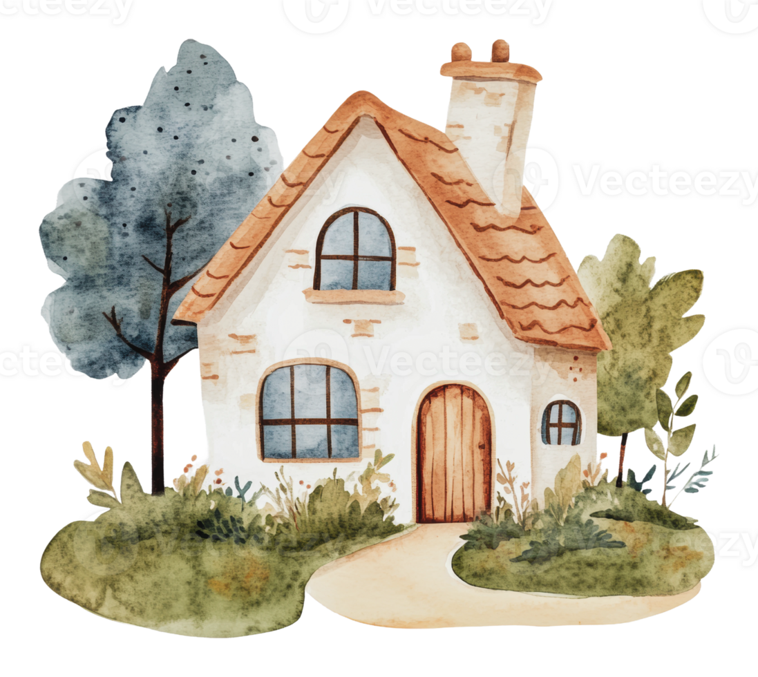 Charming cottage by lush gardens and trees png
