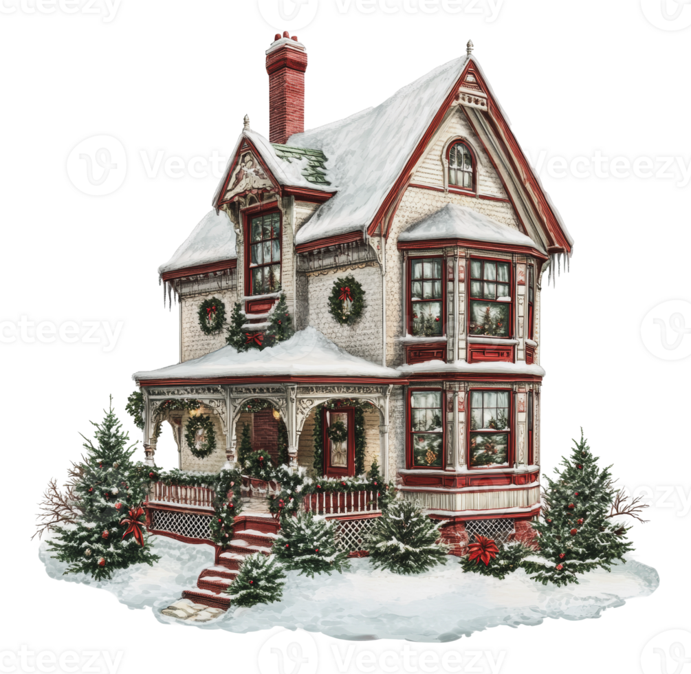 Charming winter-decorated Victorian home png