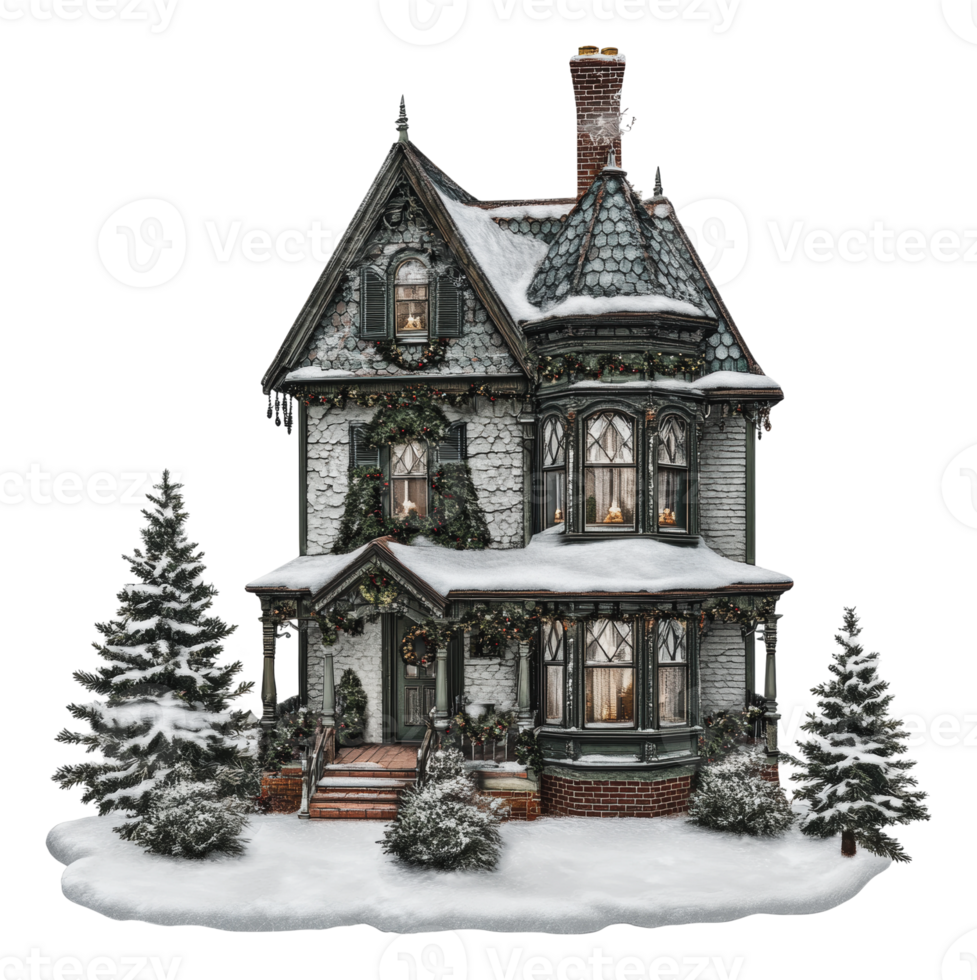 A beautifully decorated Victorian house in winter png
