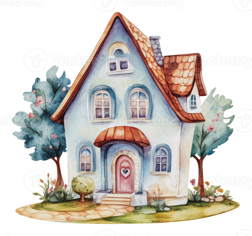 Charming watercolor cottage surrounded by greenery png