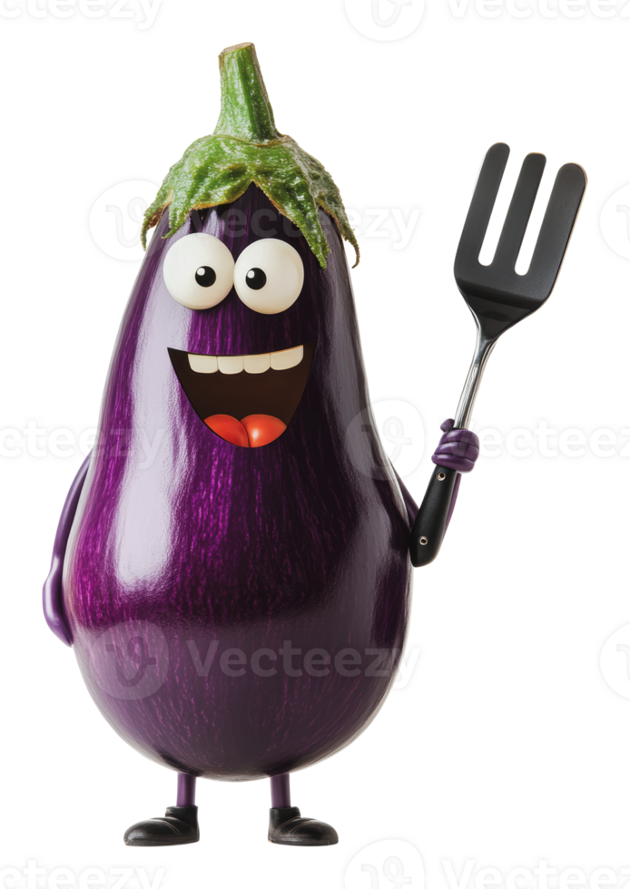 Happy cartoon eggplant holding a spatula in hand png