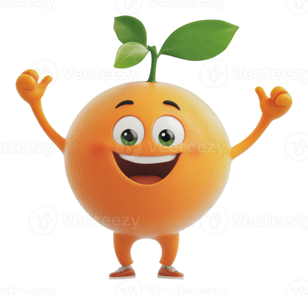 Happy cartoon orange character with a leaf png
