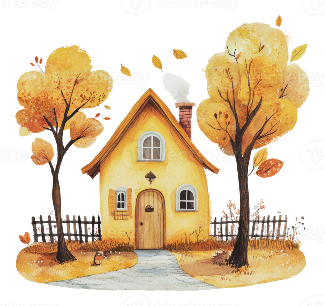 Charming yellow cottage surrounded by autumn trees png