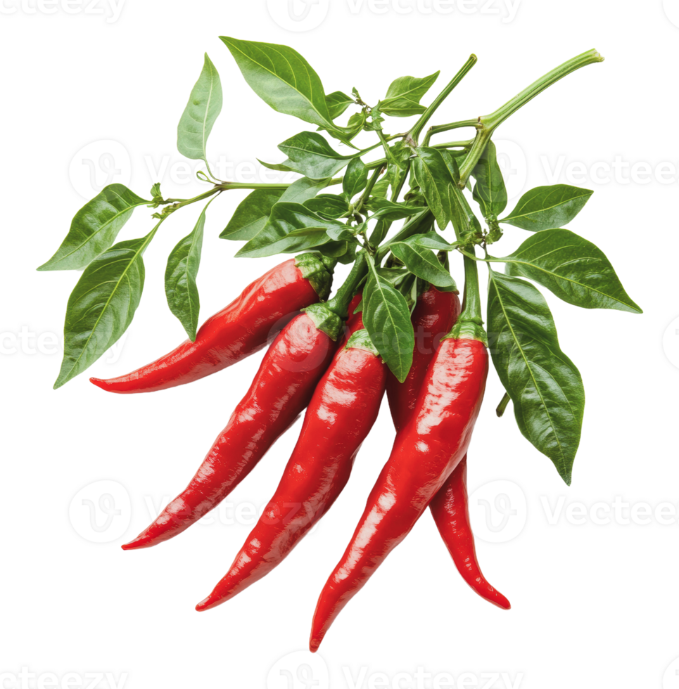 Fresh red chilies on green branch png