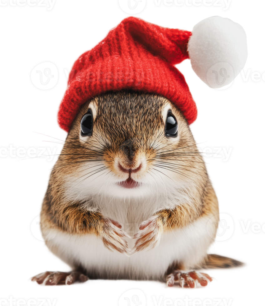 Adorable chipmunk wearing a festive red hat png
