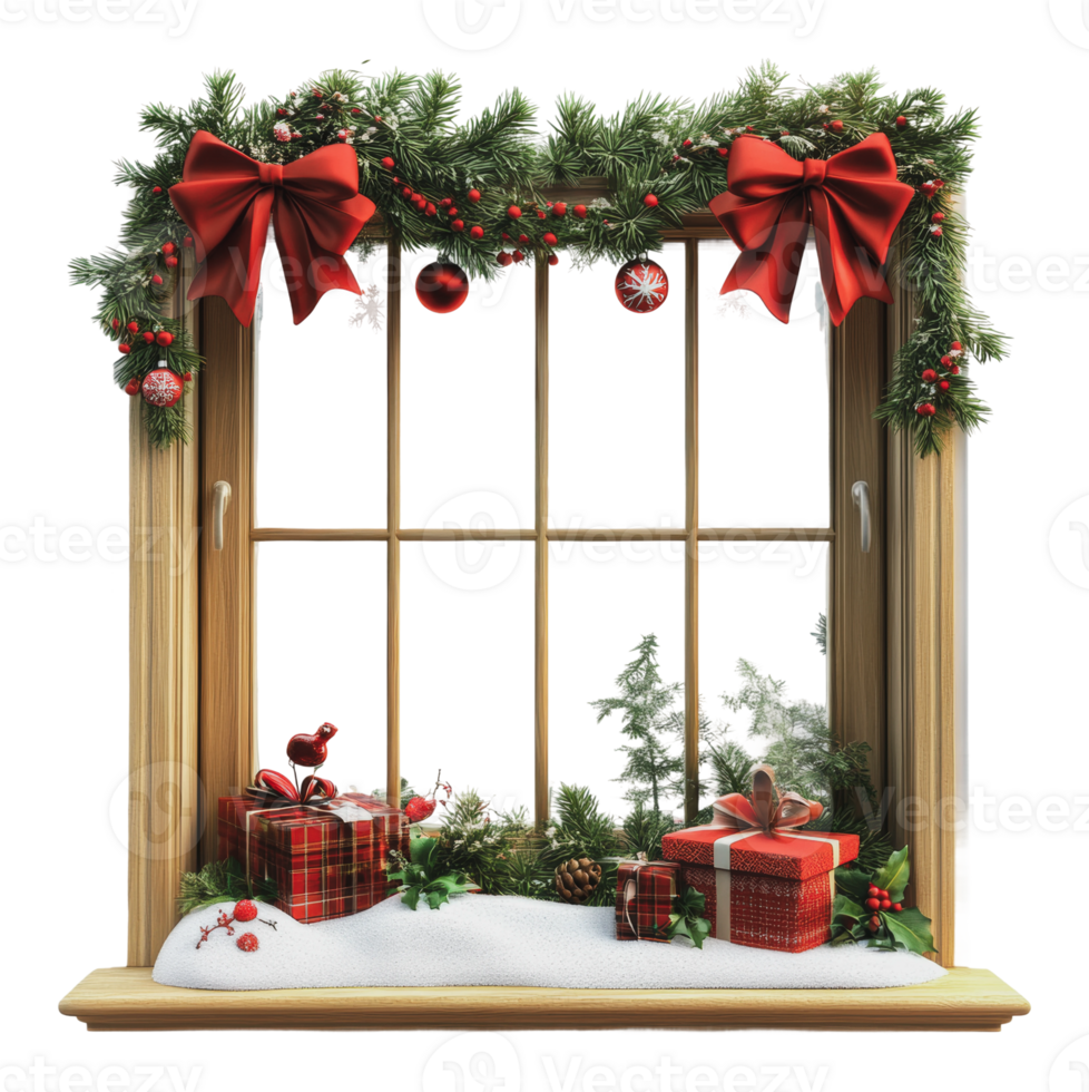 Christmas window with gifts and greenery png