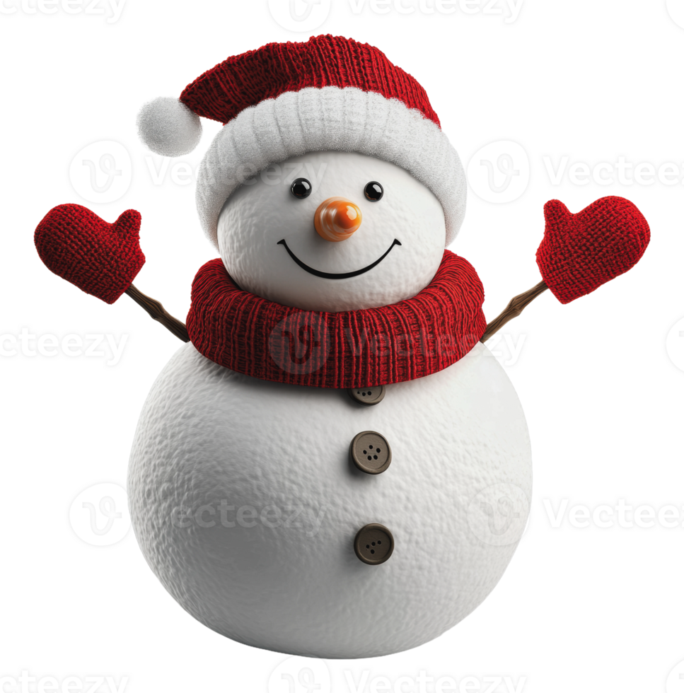 Cheerful snowman wearing a Santa hat and mittens png