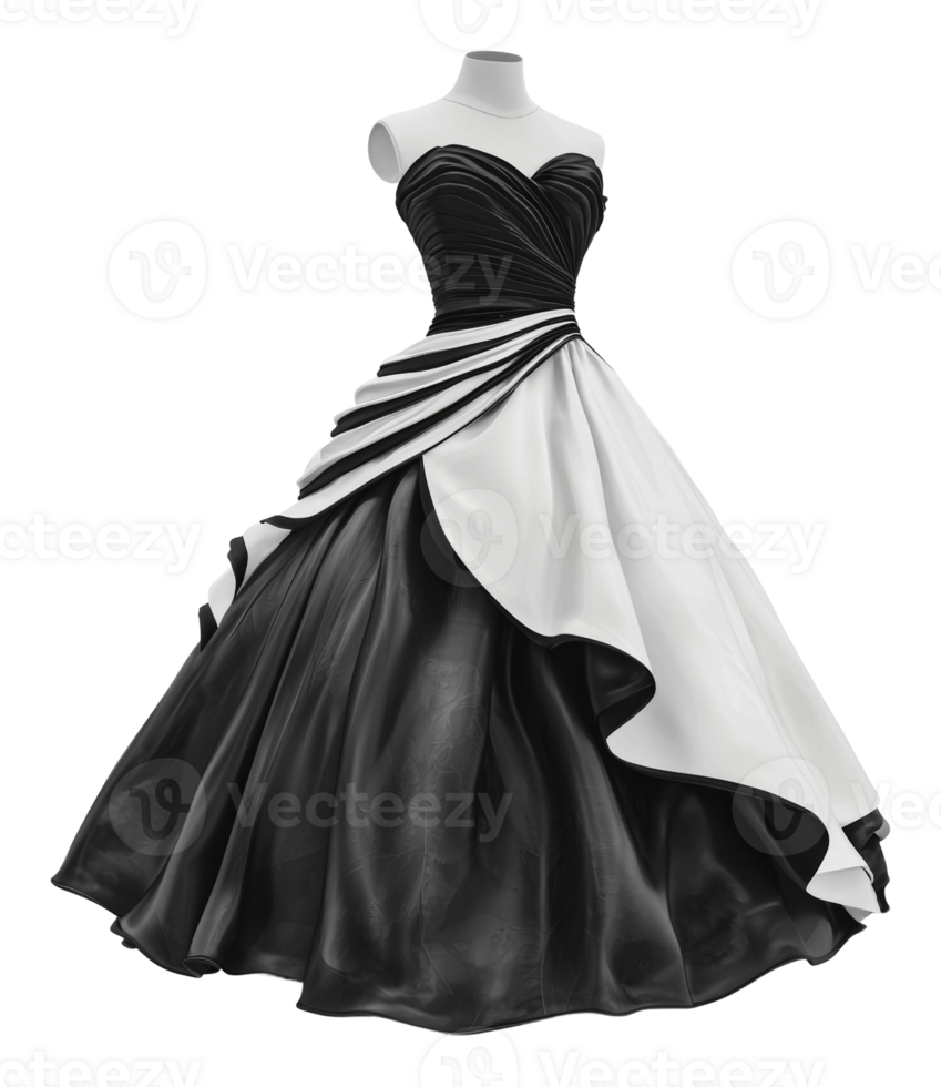 Elegant black and white evening gown on display png