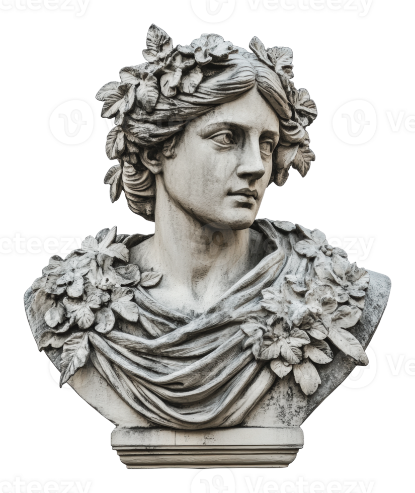 Marble bust adorned with floral details in Italy png
