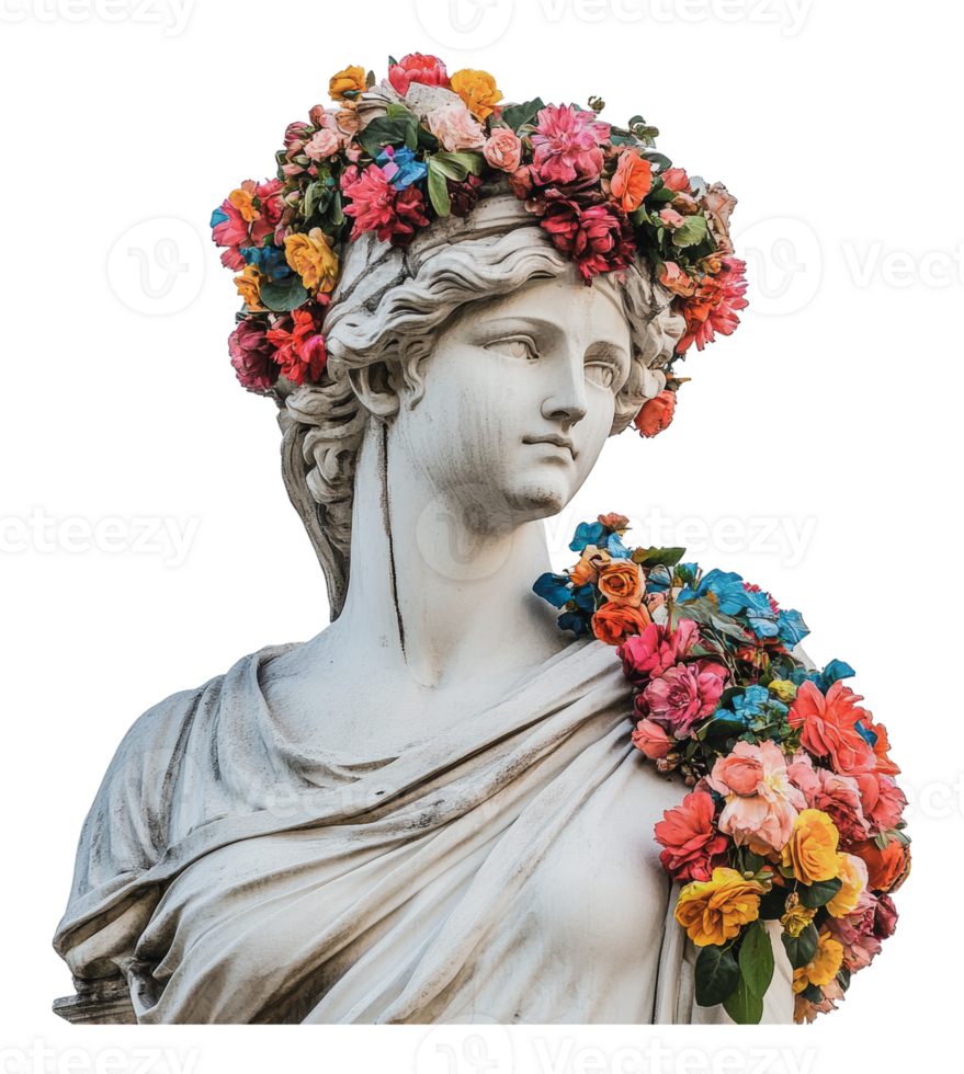 Colorful flower-adorned statue backdrop png