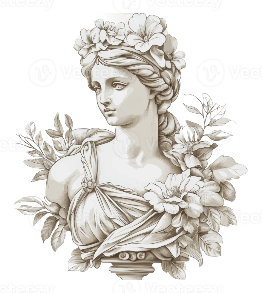 Marble bust of a woman with flowers png