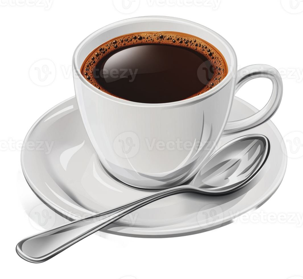 A hot cup of black coffee in a white ceramic mug png