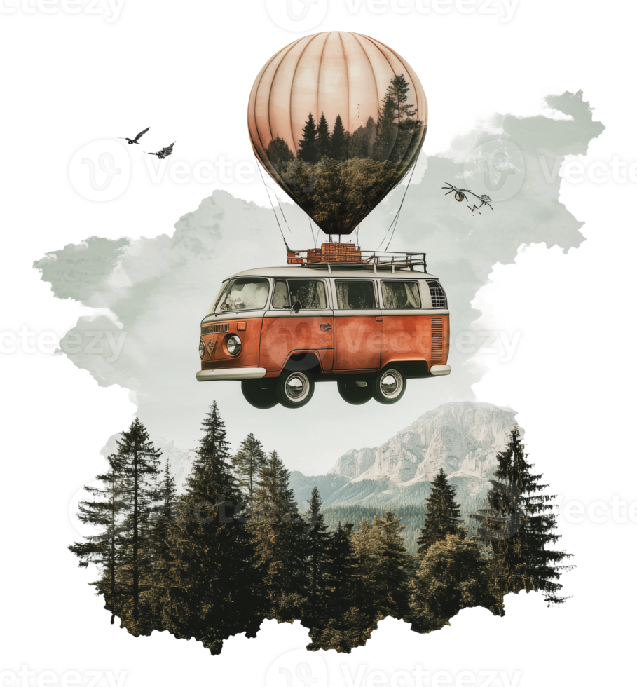 Vintage van with balloon over trees png