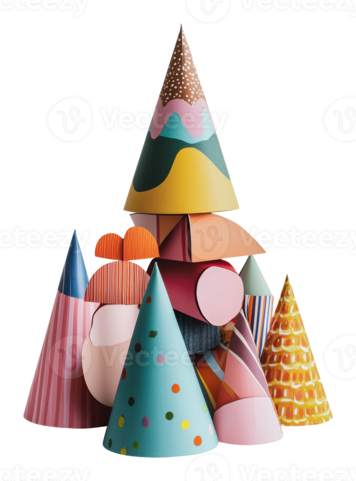 Colorful paper cones arranged in a playful display png