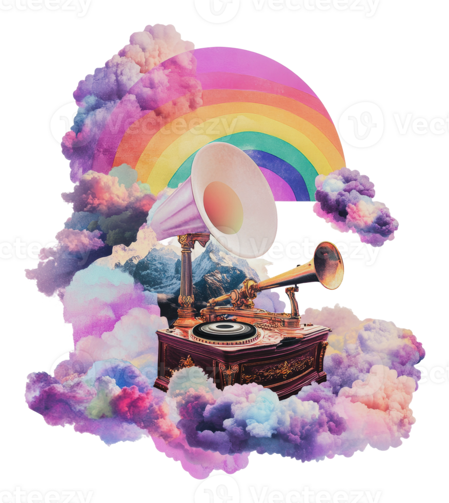 Colorful gramophone with clouds and rainbow png