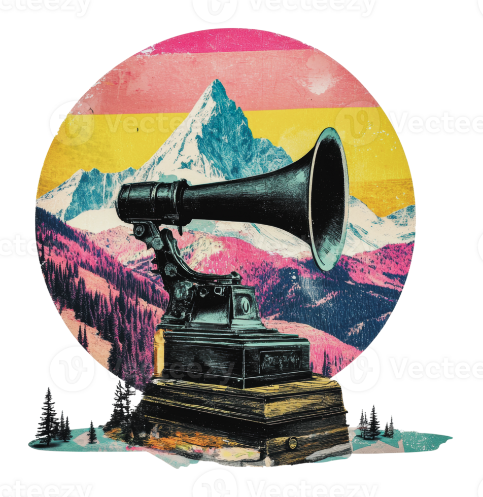 Colorful mountains with vintage gramophone png