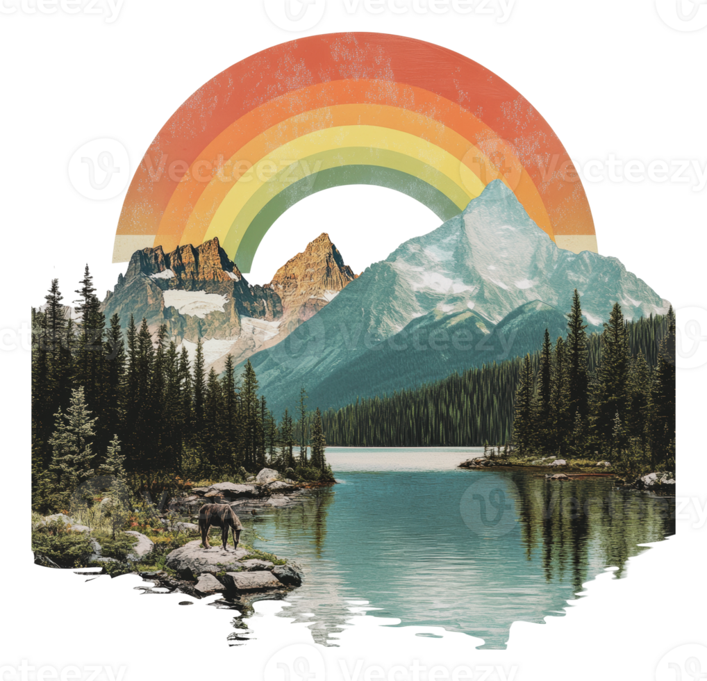 Colorful rainbow arc over tranquil mountain lake png