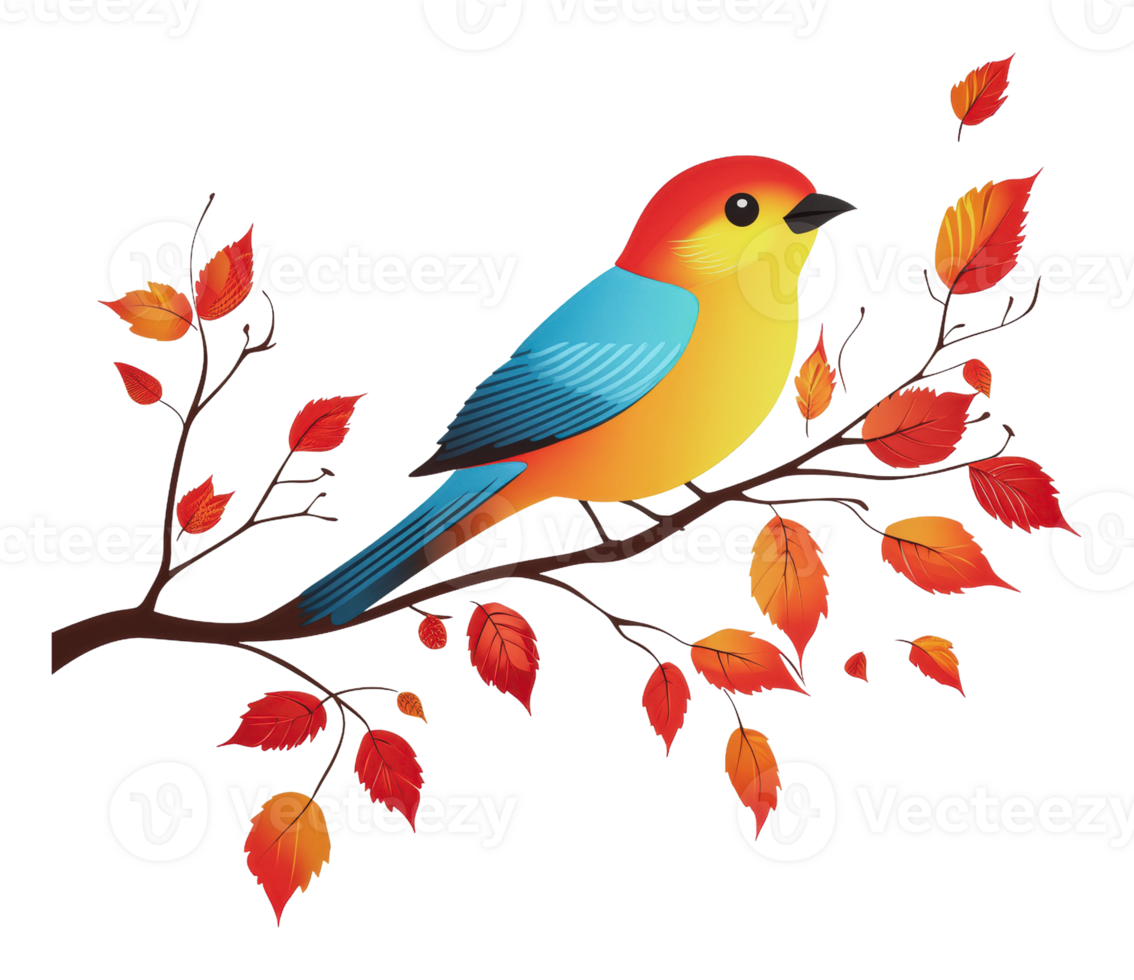 Colorful bird perched on branch during autumn png