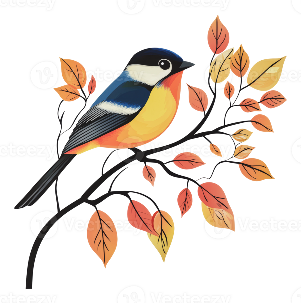 Colorful bird perched on autumn leaves branch png