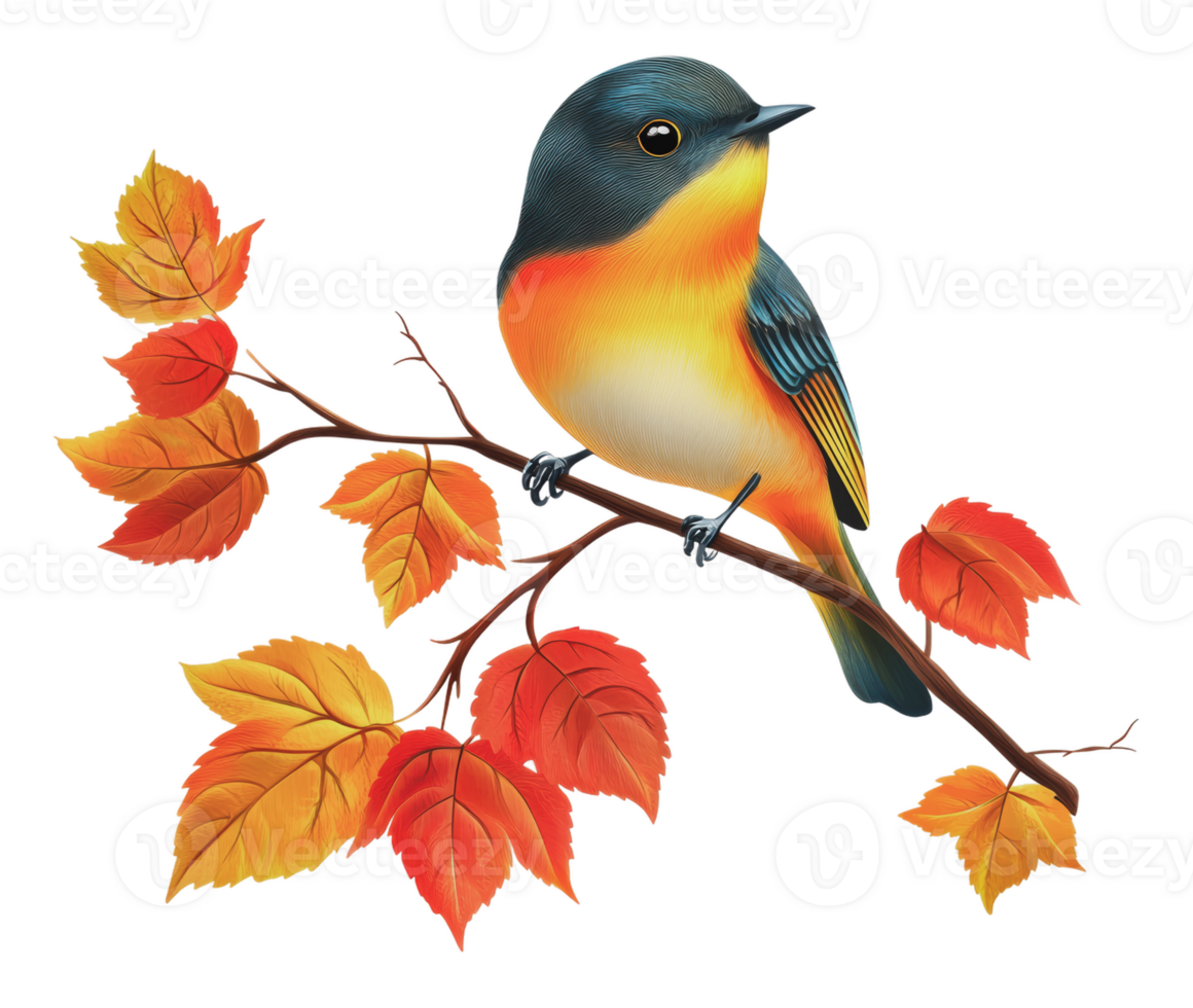 Beautiful bird perched on a colorful autumn branch png