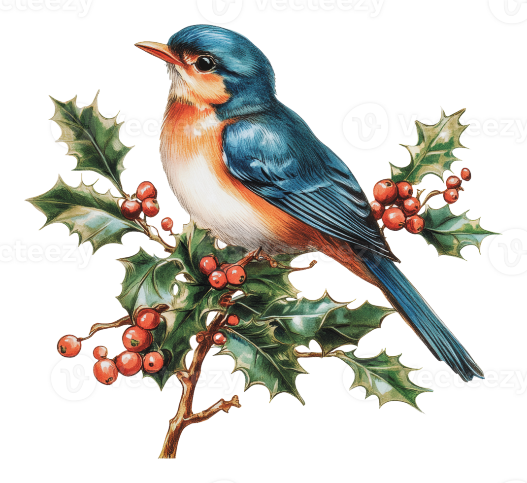 Bluebird perched on holly branches in winter png