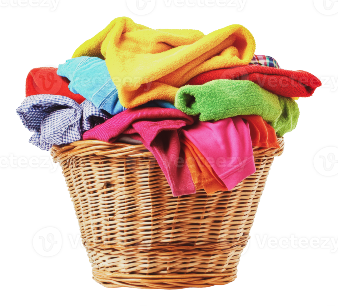 Colorful assortment of laundry in a woven basket png