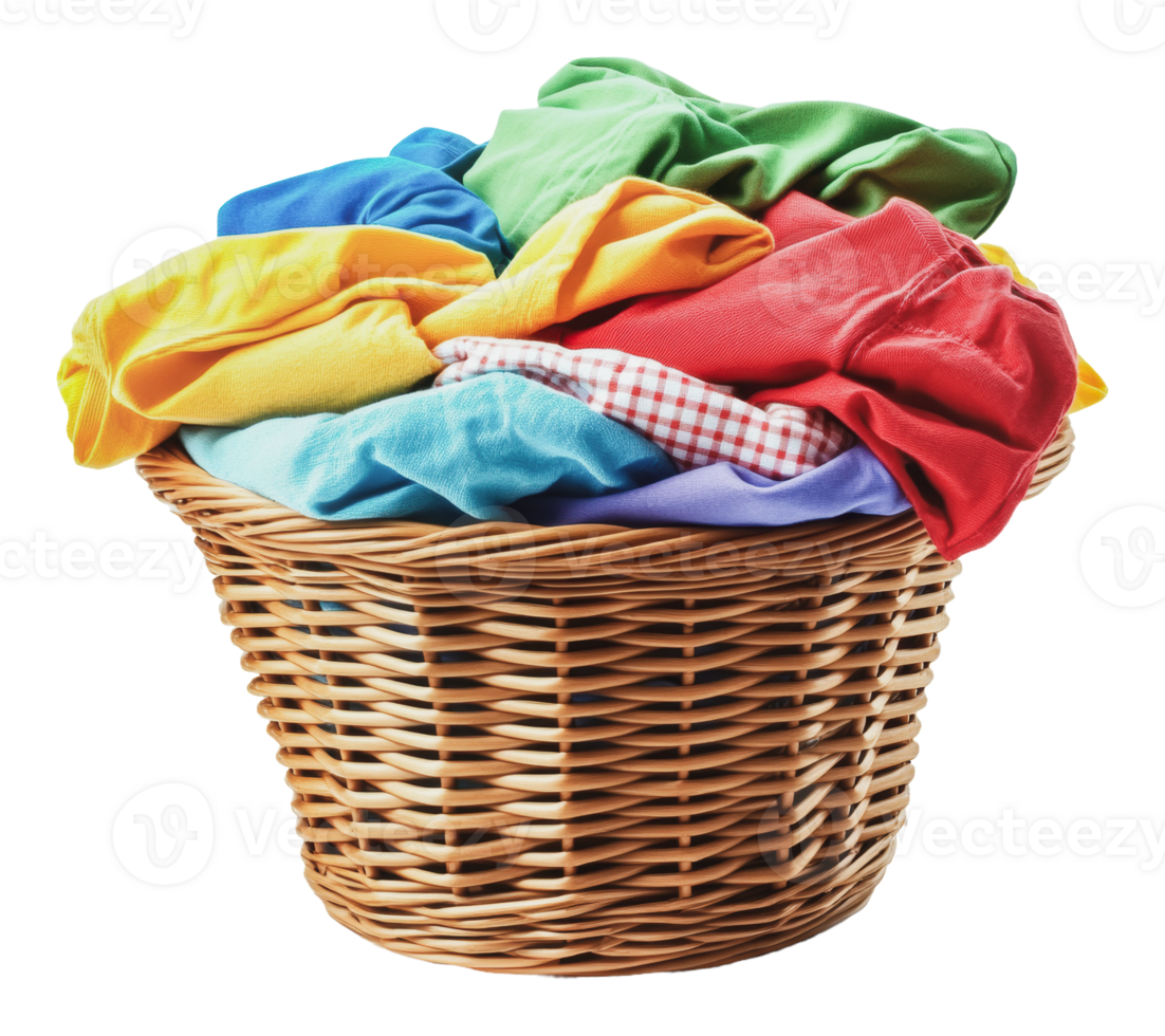 Brightly colored laundry in a wicker basket png
