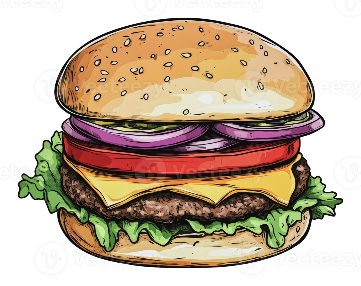 A colorful hand-drawn burger with fresh toppings png