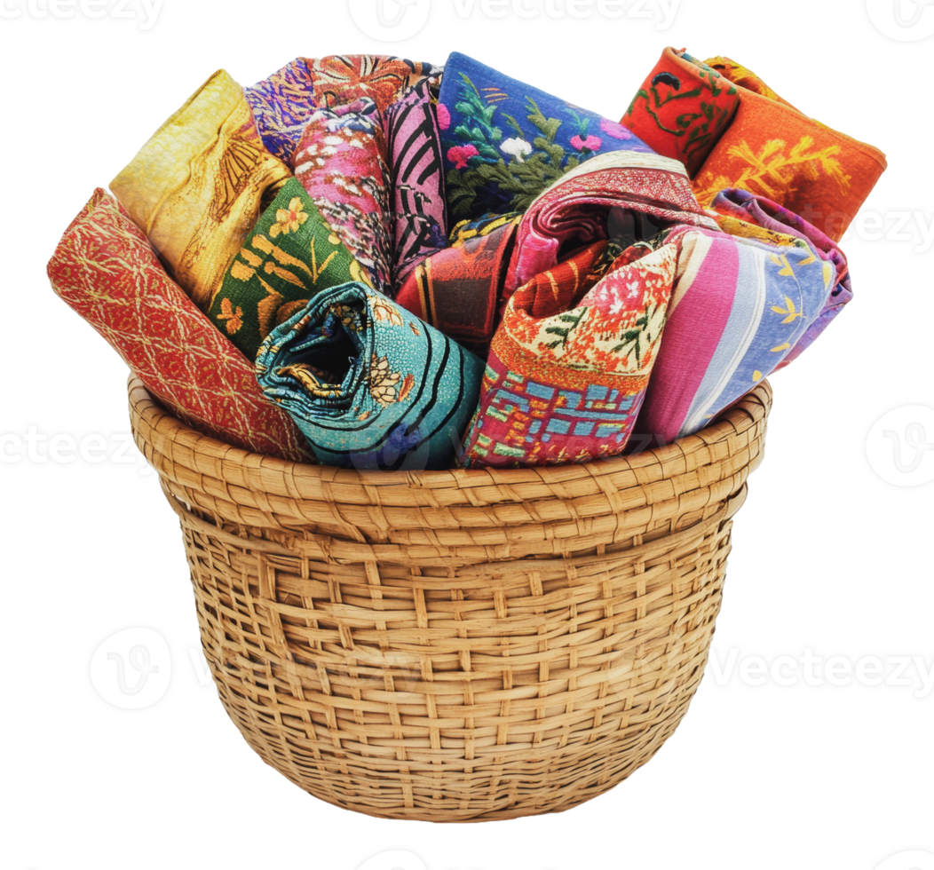 Colorful handwoven textiles arranged in a basket png