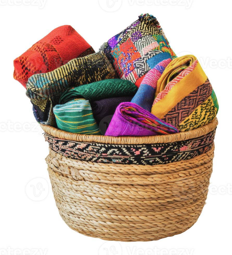 Woven basket with colorful textiles png