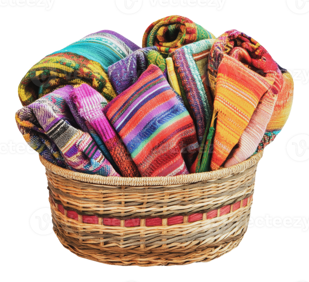 Colorful woven blankets in a natural wicker basket png