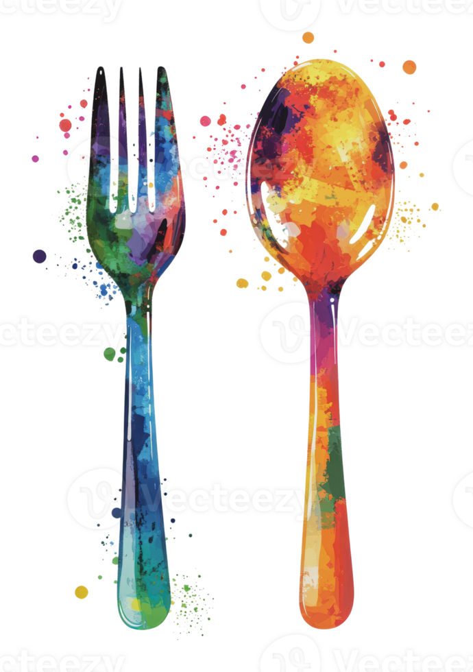 Colorful fork and spoon with paint splashes png