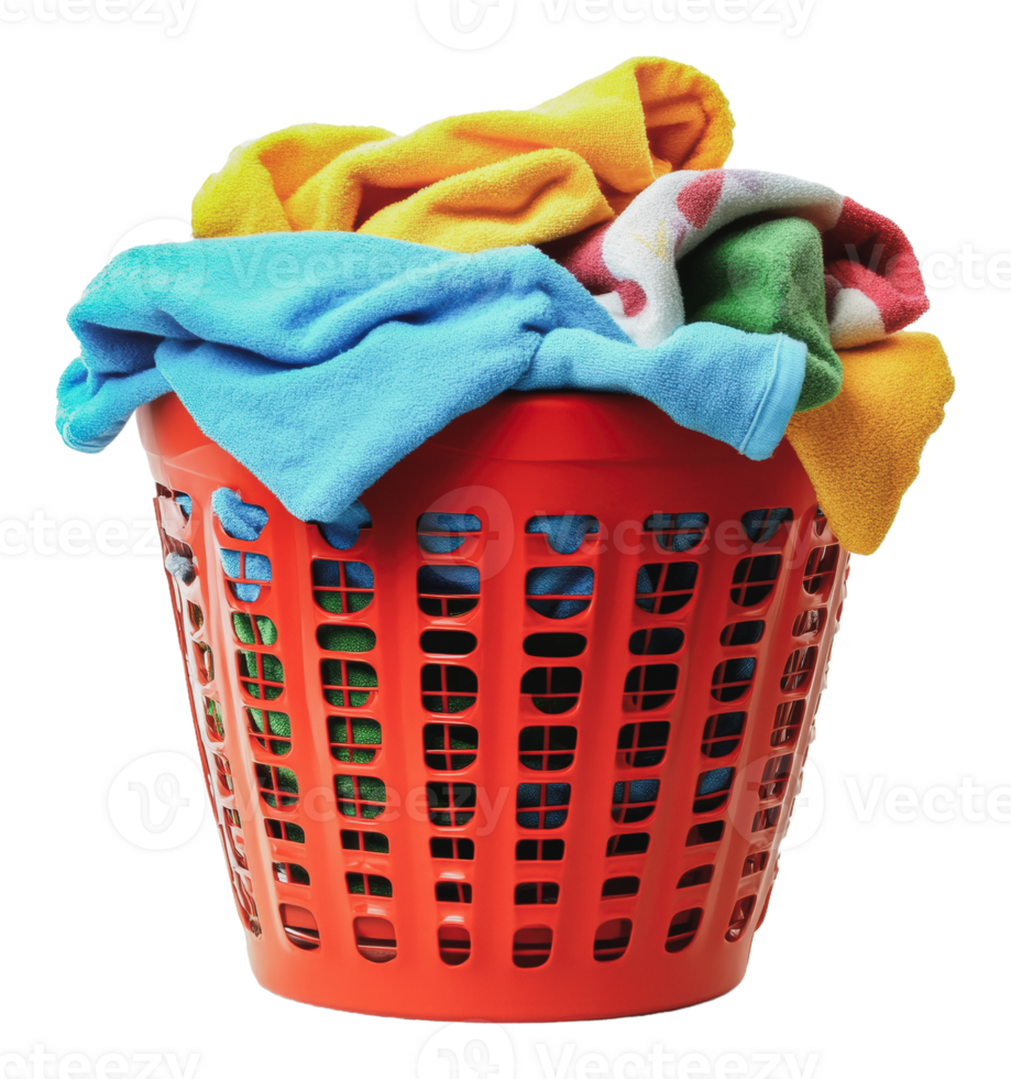 Colorful towels piled in a red laundry basket png