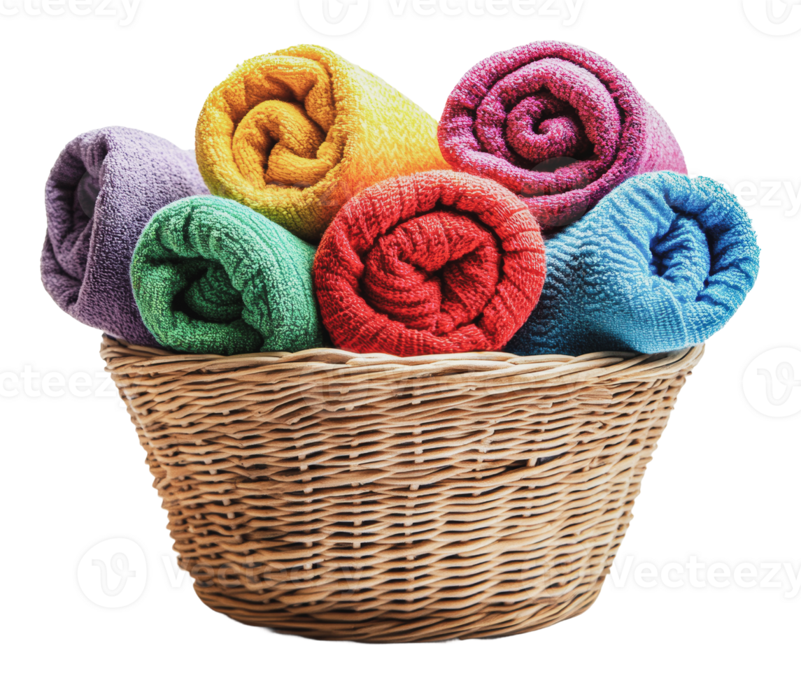 Soft, colorful towels arranged in a wicker basket png