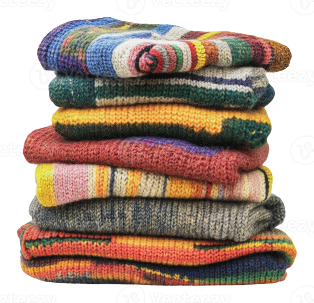 Cozy knit sweaters stacked in a warm arrangement png