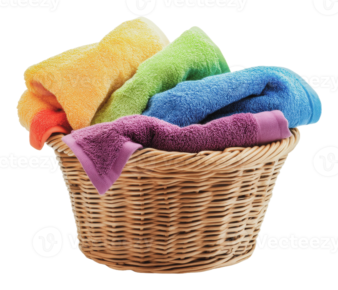 Colorful towels stacked in a wicker basket at home png