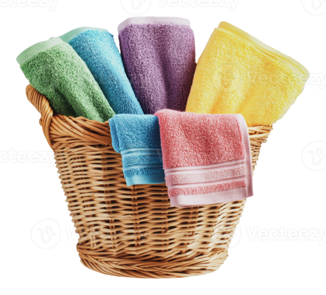 Colorful towels in a woven basket at home png